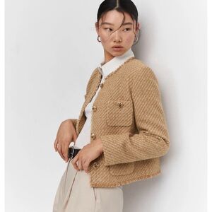 Mango Jewel Buttons Detail Tweed Jacket In Camel NWT Size L